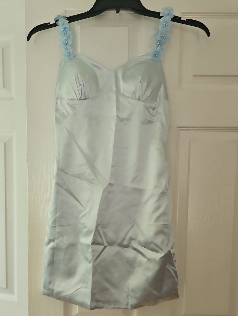 Light Blue Satin Slip Dress with Floral Straps